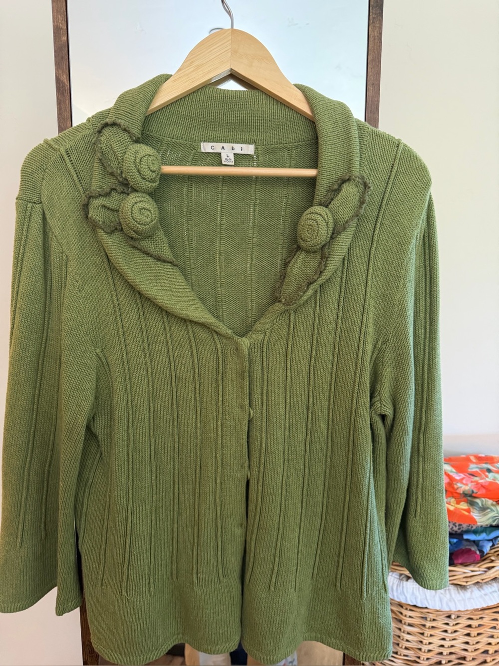 CAbi Olive Green Ribbed Knit Cardigan with Braided Collar